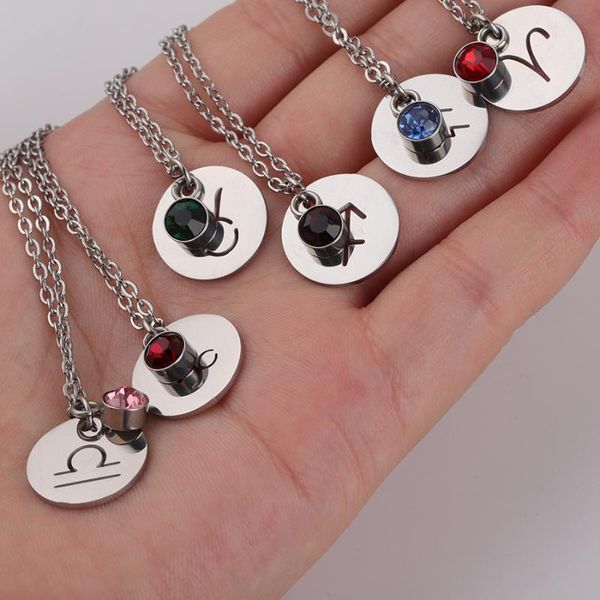 pendant necklaces stainless steel female star zodiac sign 12 constellation chain choker for women birth stone jewelry, Silver